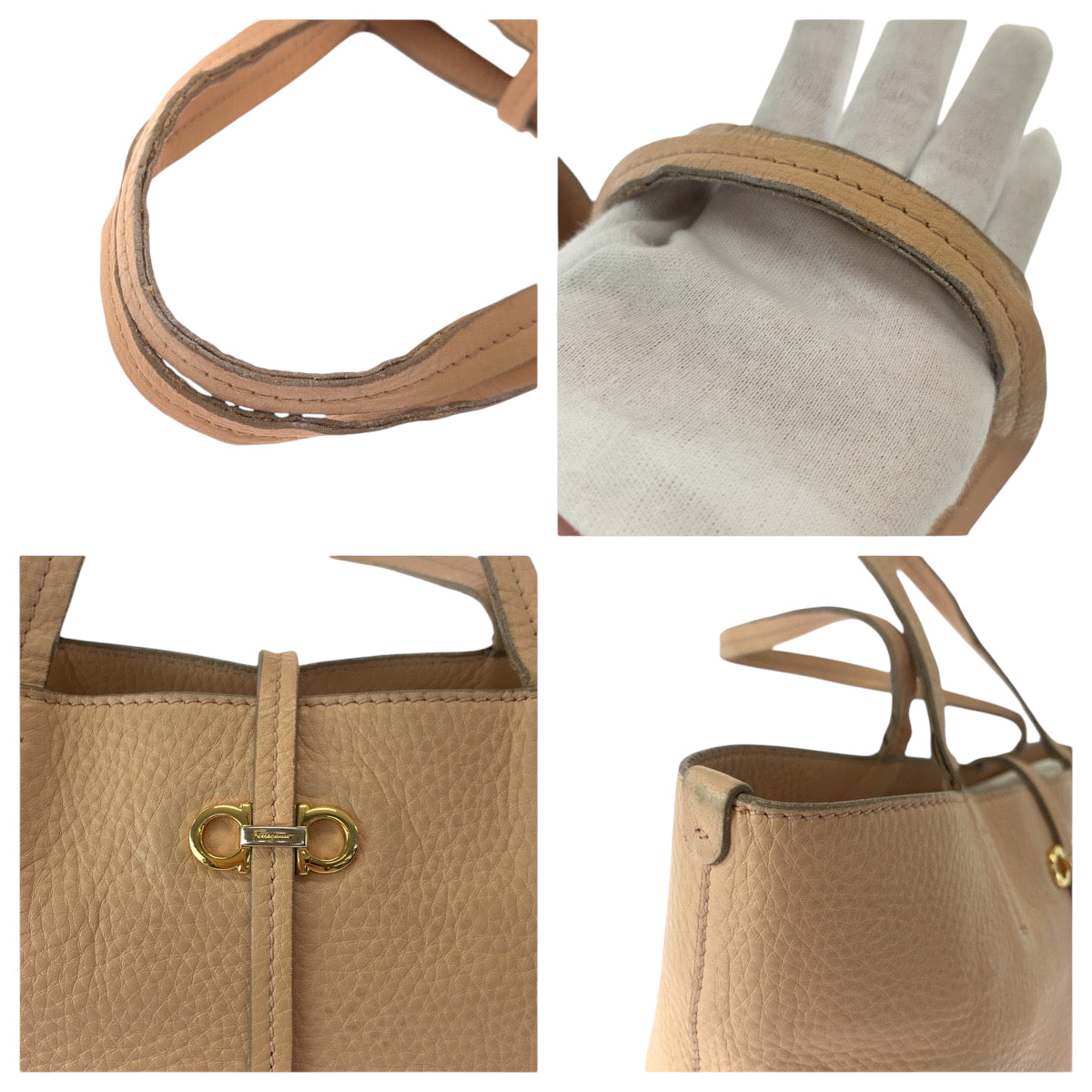 16907
Salvatore Ferragamo サルヴァトーレフェラガモ ガンチーニ ベージュ ゴールド金具 レザー トートバッグ ハンドバッグ  レディース AB9