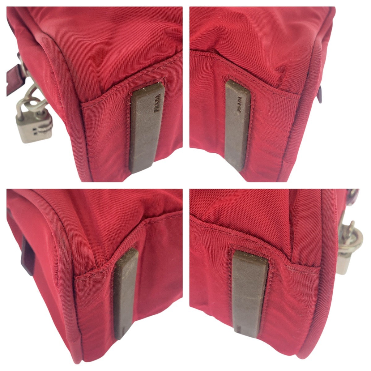 16942
PRADA プラダ テスート 三角ロゴプレート レッド シルバー金具 ナイロン ショルダーバッグ  レディース B23