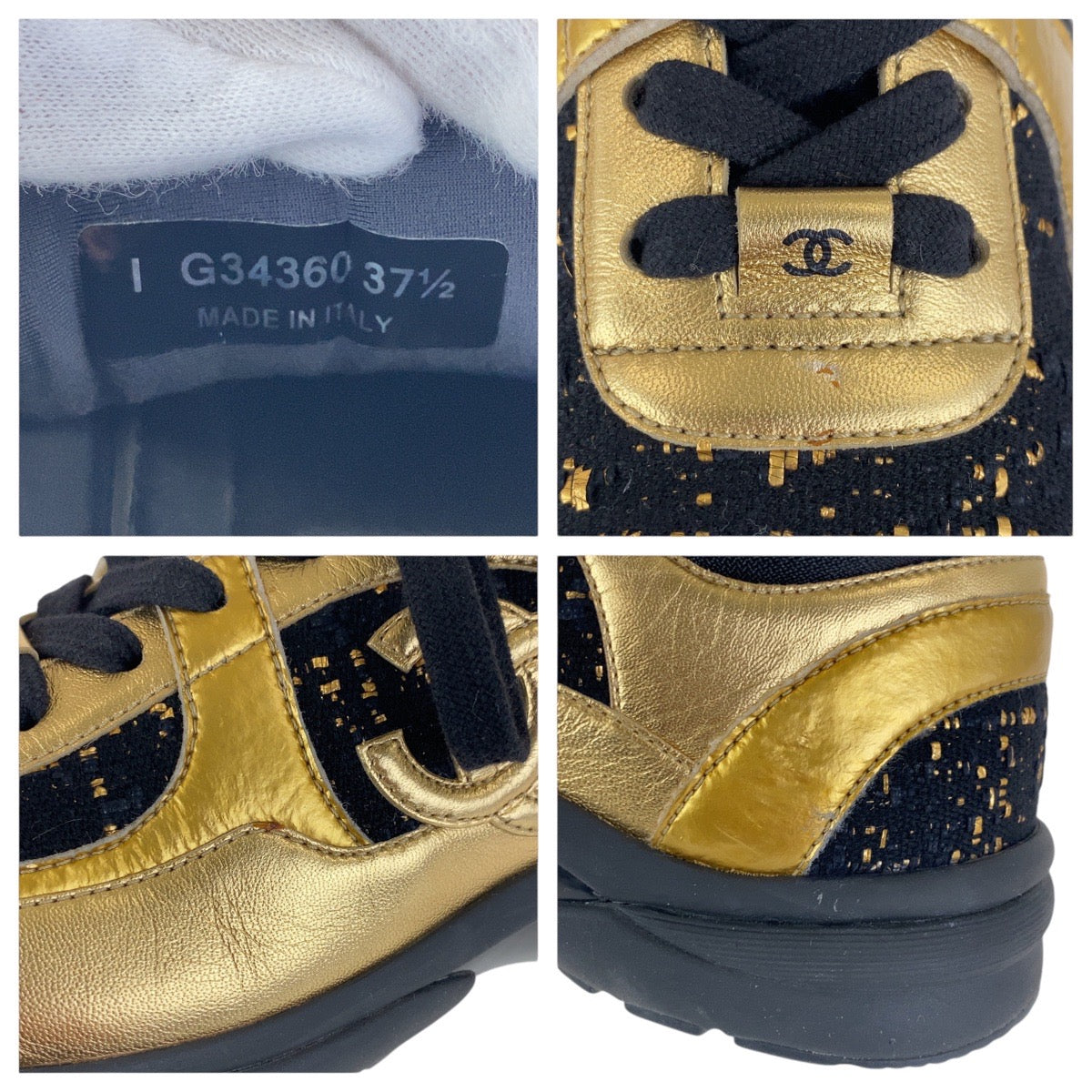16952
CHANEL シャネル ココマーク 23.5cm/ 37.5 ゴールド ブラック レザー / ツイード スニーカー ローカット レディース AB41