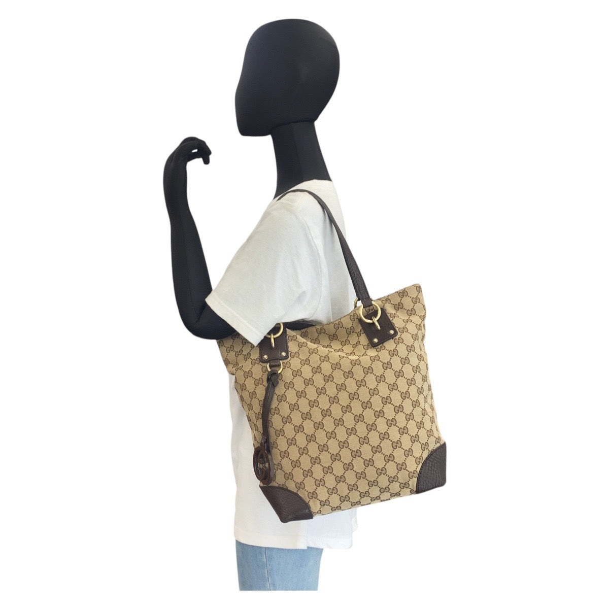 16964
GUCCI グッチ ベージュ ブラウン ゴールド金具 GGキャンバス / レザー 247237 トートバッグ ショルダーバッグ  レディース AB44