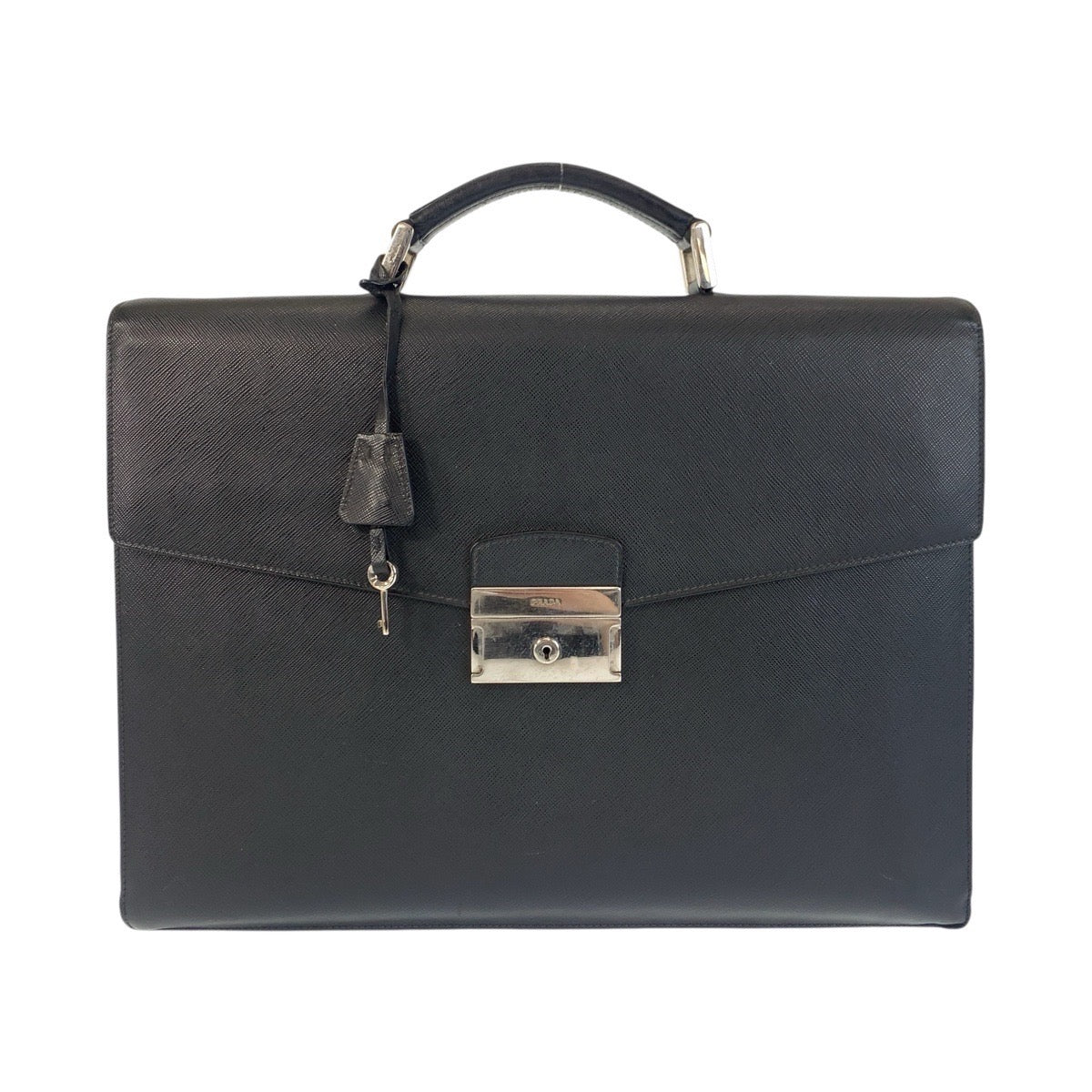 16965
PRADA プラダ サフィアーノ ブラック 黒 シルバー金具 レザー ビジネスバッグ ブリーフケース メンズ AB42