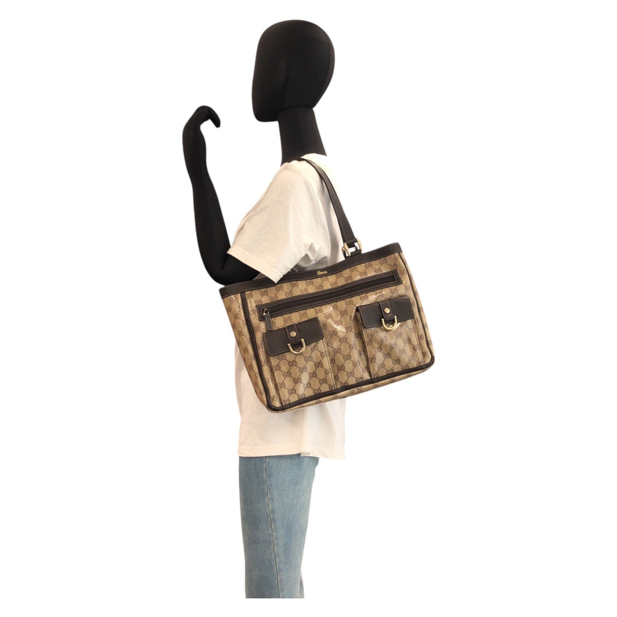 16967
GUCCI GG Crystal Beige Brown Gold Hardware Coated Canvas / Leather 268639 Tote Bag Shoulder Bag Ladies ABP46