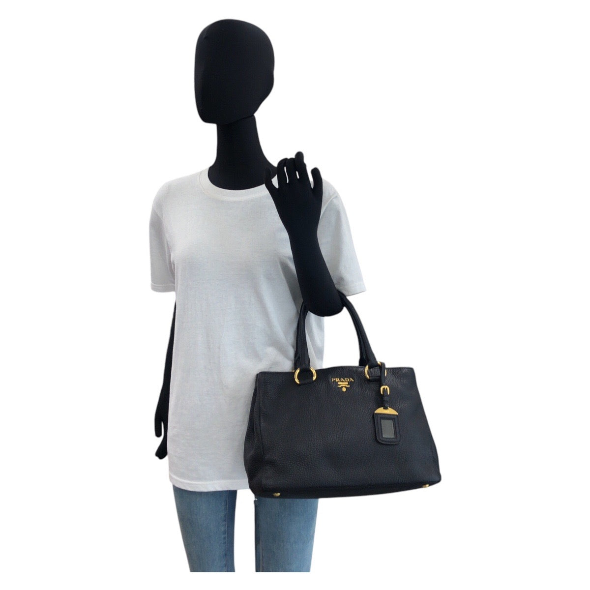 16971
PRADA プラダ ヴィッテロダイノ ブラック 黒 ゴールド金具 レザー トートバッグ ハンドバッグ  レディース A77
