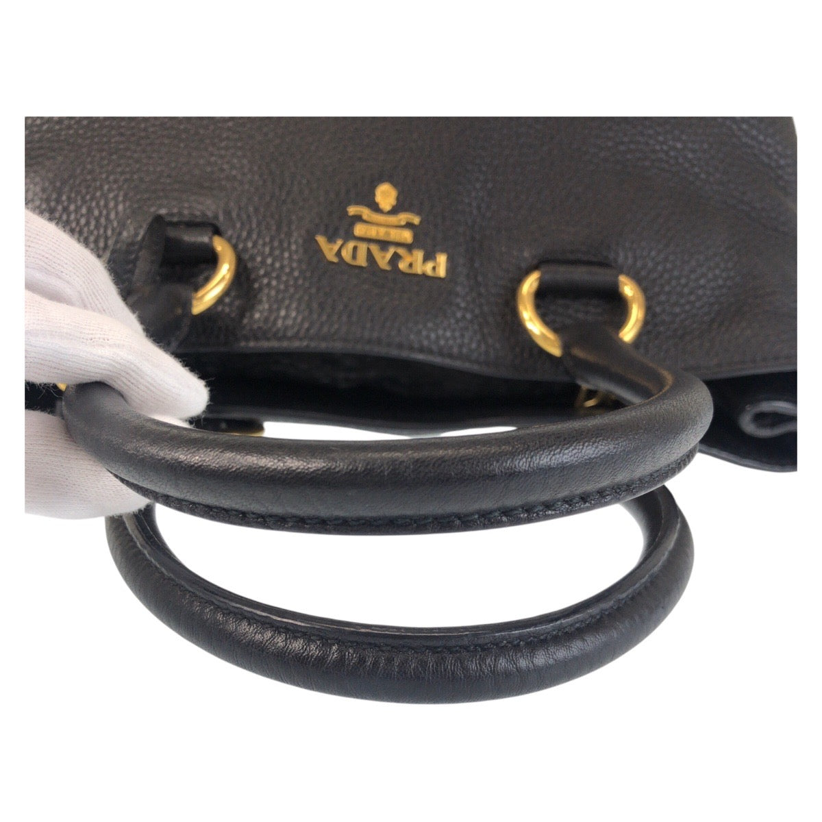 16971
PRADA プラダ ヴィッテロダイノ ブラック 黒 ゴールド金具 レザー トートバッグ ハンドバッグ  レディース A77
