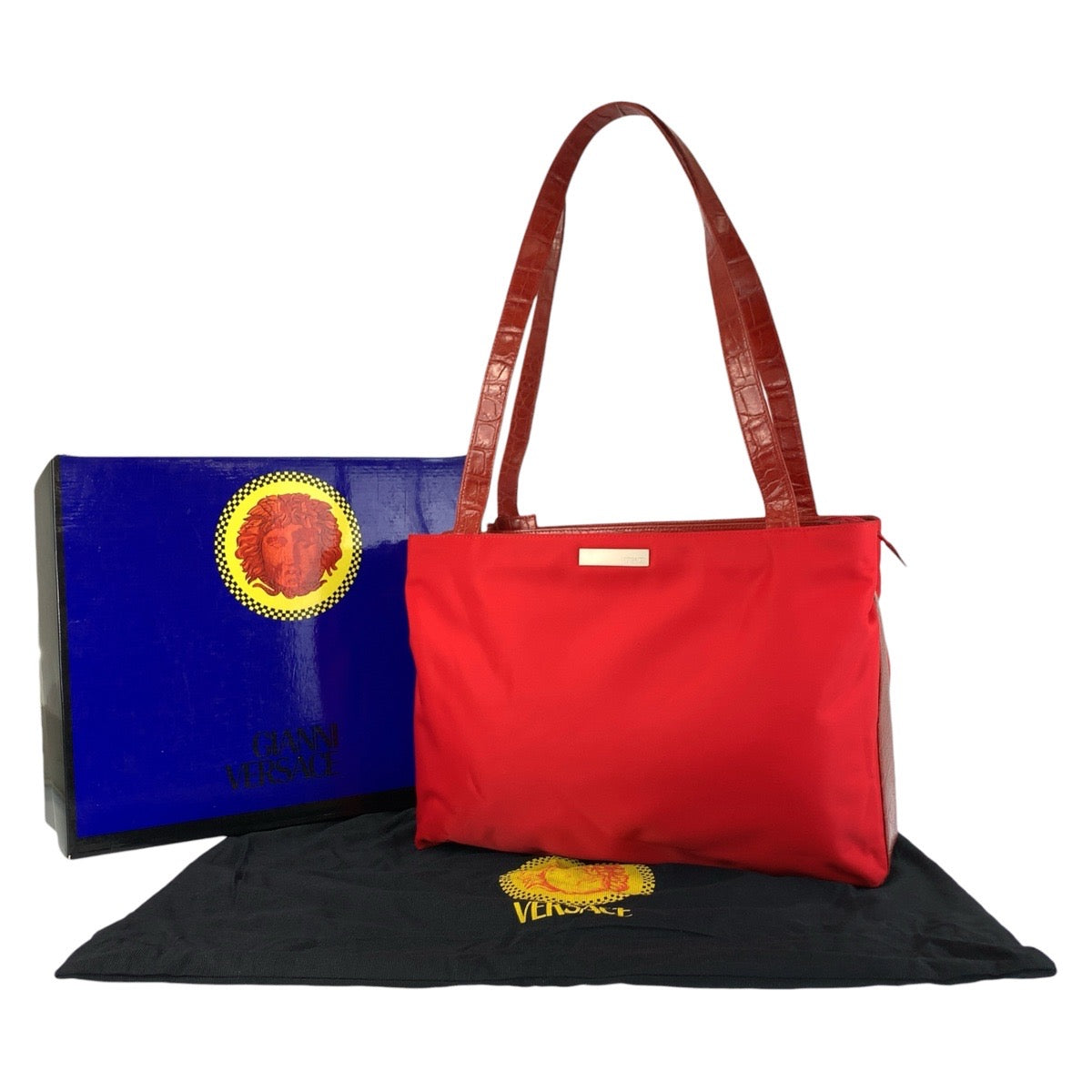 16977
Gianni Versace ジャンニ ヴェルサーチ レッド シルバー金具 ナイロン / レザー トートバッグ ショルダーバッグ  レディース ABP35
