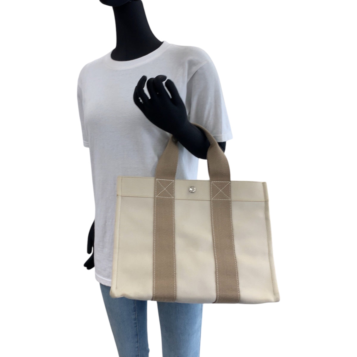 16978
HERMES エルメス ボラボラPM ベージュ アイボリー シルバー金具 キャンバス トートバッグ ハンドバッグ レディース ABP41