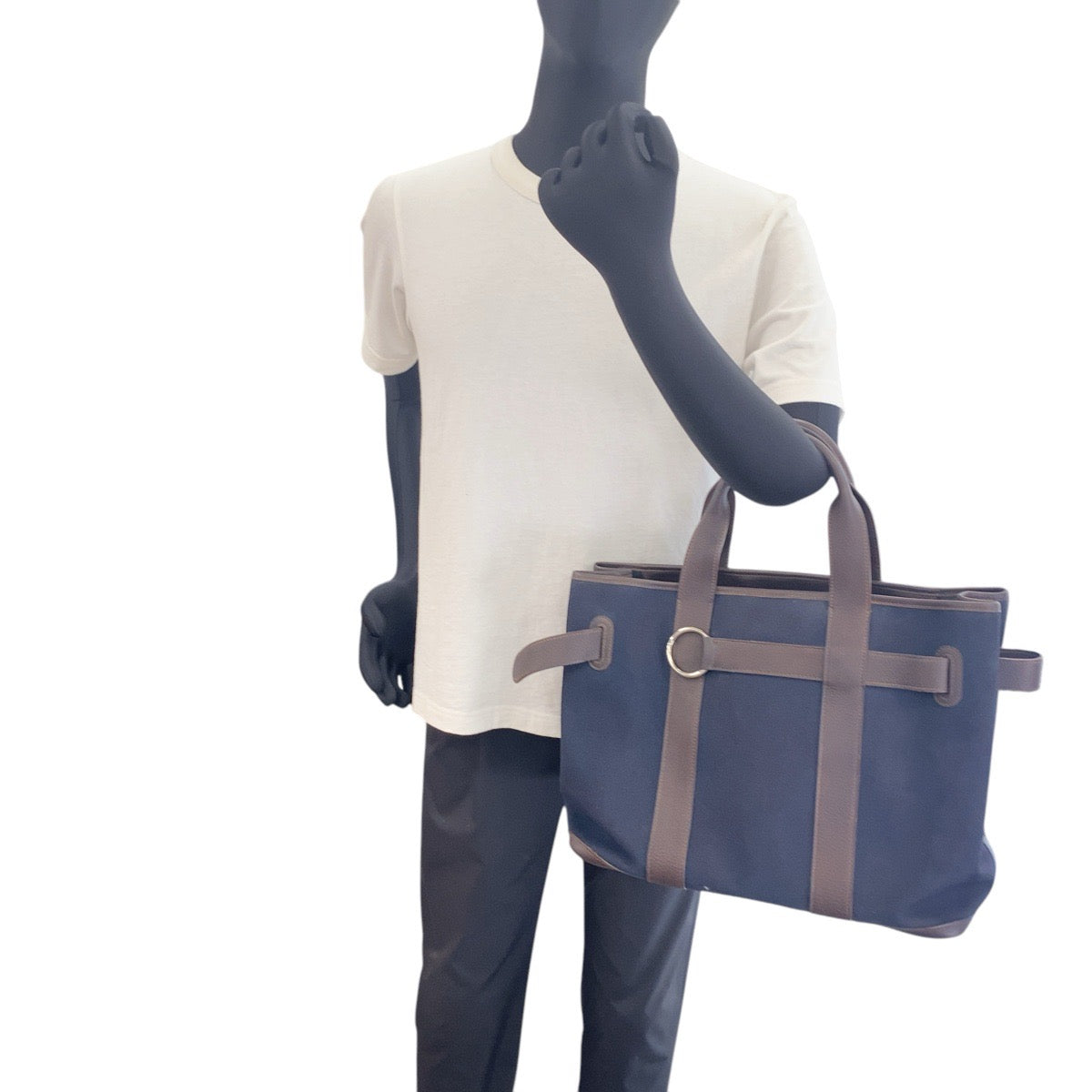 16998
HERMES エルメス プティットサンチュールMM ネイビー ブラウン シルバー金具 キャンバス / レザー トートバッグ ハンドバッグ 男女兼用 □J刻印  メンズ AB62