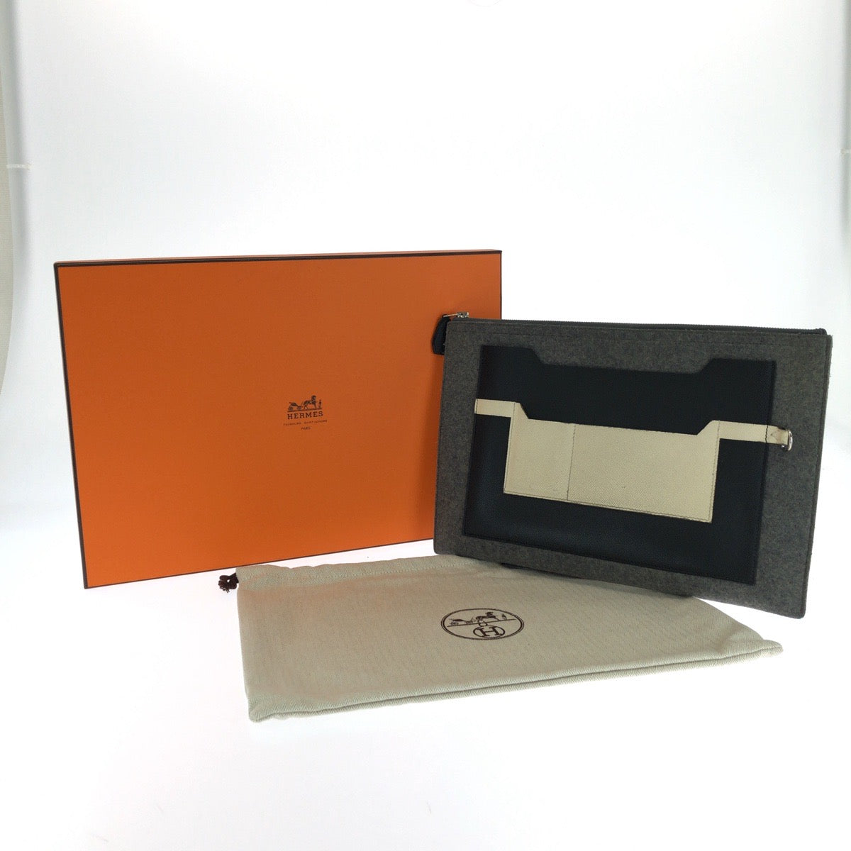 17004
HERMES エルメス トゥードゥー 37 グレー ブラック アイボリー シルバー金具 フェルト / ヴォーエプソン クラッチバッグ セカンドバッグ D刻印  メンズ AB44