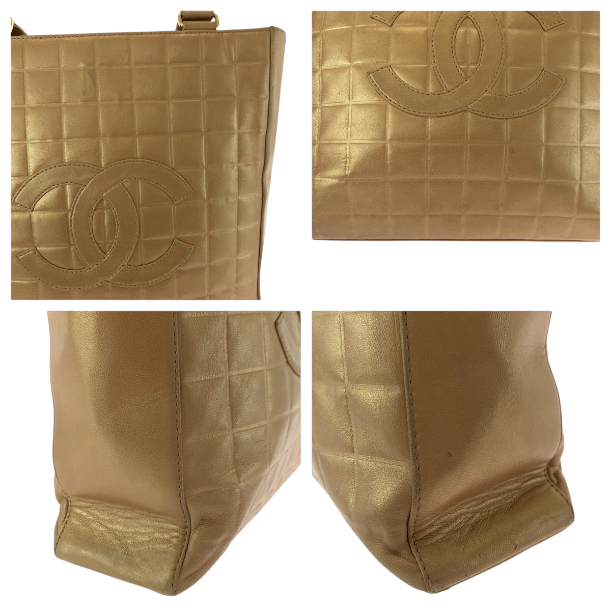 17007
CHANEL シャネル ヴィンテージ チョコバー ココマーク ブロンズ ゴールド金具 ラムスキン トートバッグ ショルダーバッグ レディース AB76