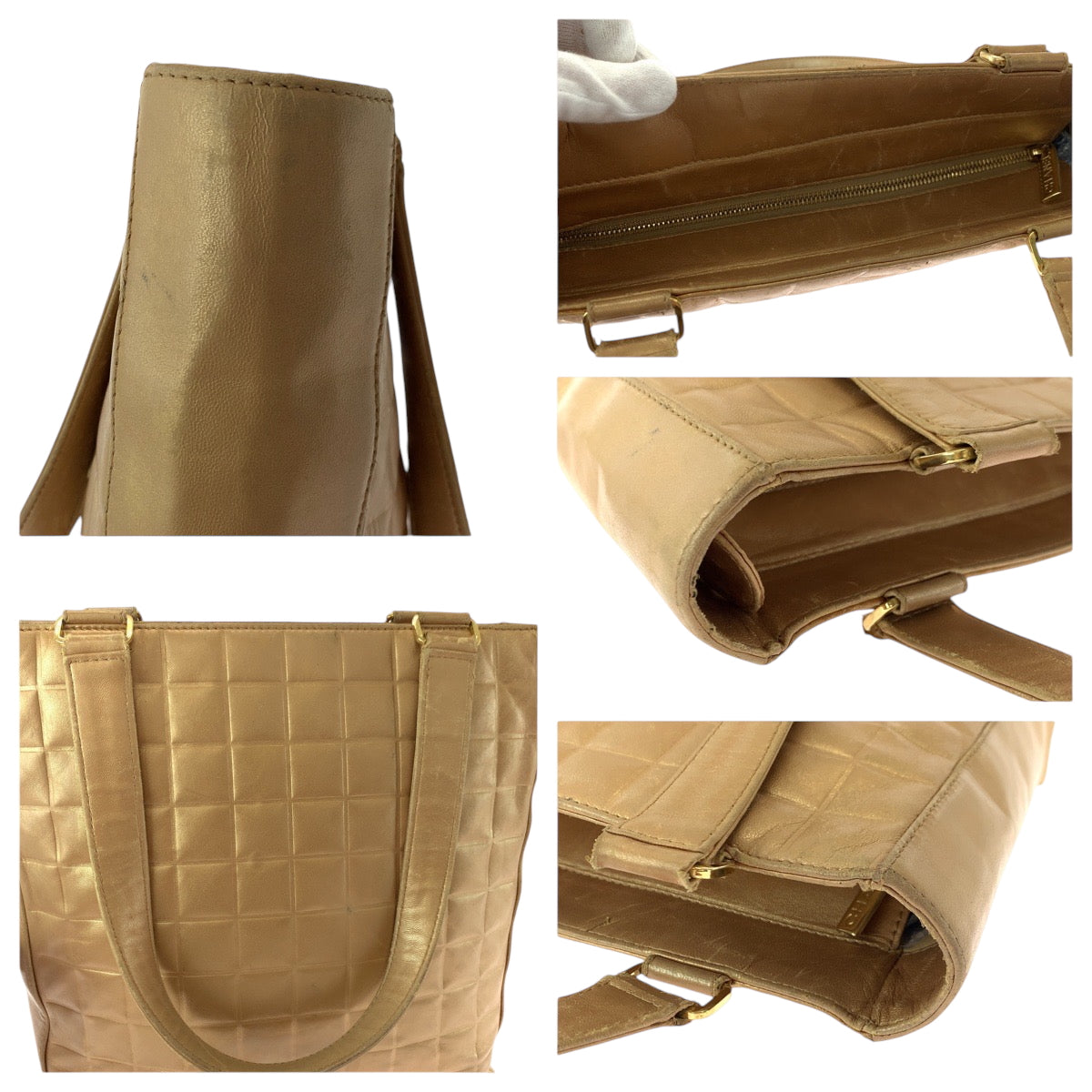 17007
CHANEL シャネル ヴィンテージ チョコバー ココマーク ブロンズ ゴールド金具 ラムスキン トートバッグ ショルダーバッグ レディース AB76