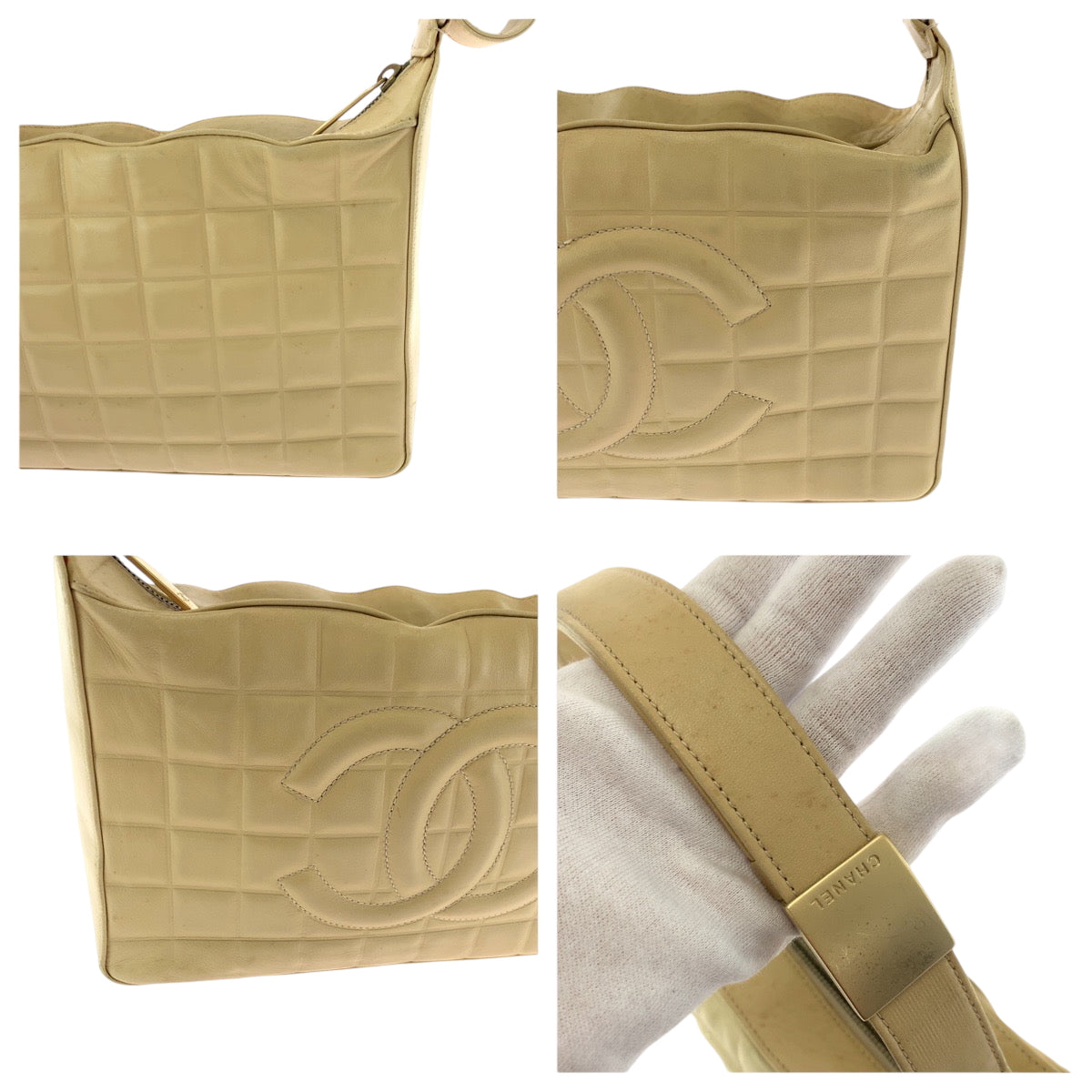 17012
CHANEL シャネル ヴィンテージ チョコバー ココマーク ベージュ ゴールド金具 ラムスキン ショルダーバッグ ハンドバッグ  レディース AB130