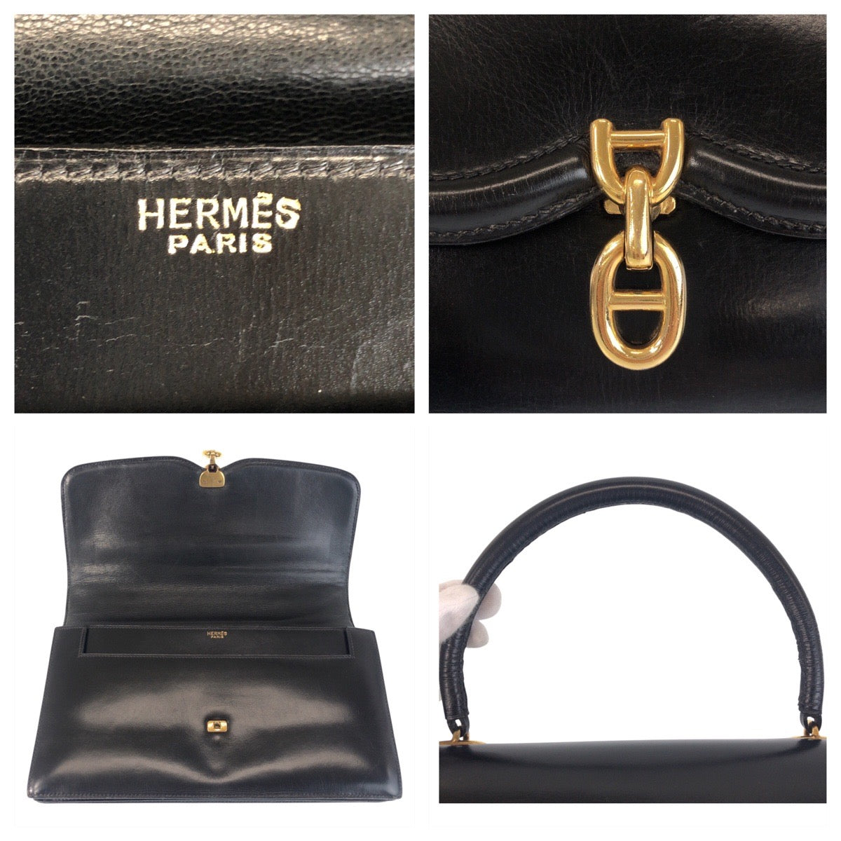 17014
HERMES エルメス ヴィンテージ シェーヌダンクル サック ア マン ブラック ゴールド金具 ボックスカーフ ハンドバッグ レディース AB400
