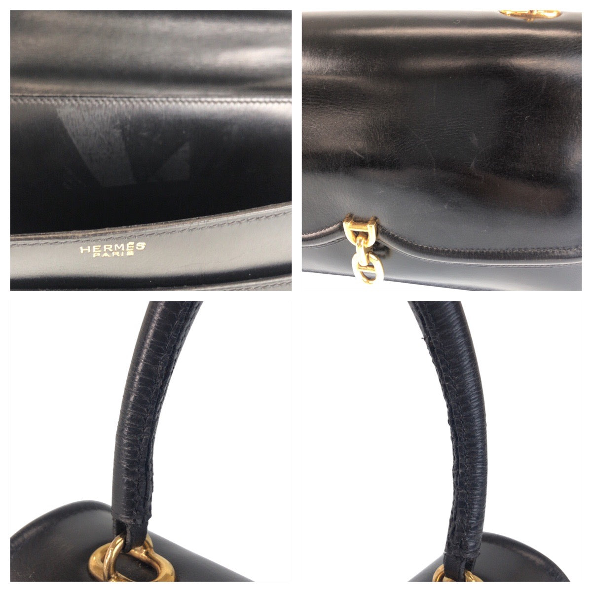 17014
HERMES エルメス ヴィンテージ シェーヌダンクル サック ア マン ブラック ゴールド金具 ボックスカーフ ハンドバッグ レディース AB400