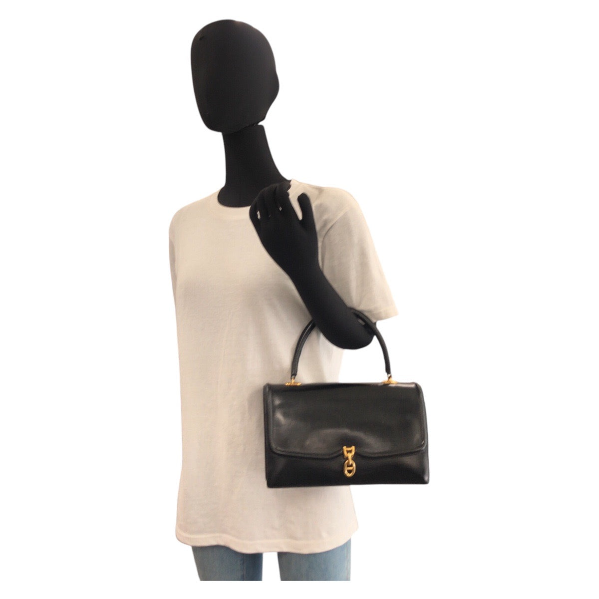 17014
HERMES エルメス ヴィンテージ シェーヌダンクル サック ア マン ブラック ゴールド金具 ボックスカーフ ハンドバッグ  レディース AB400