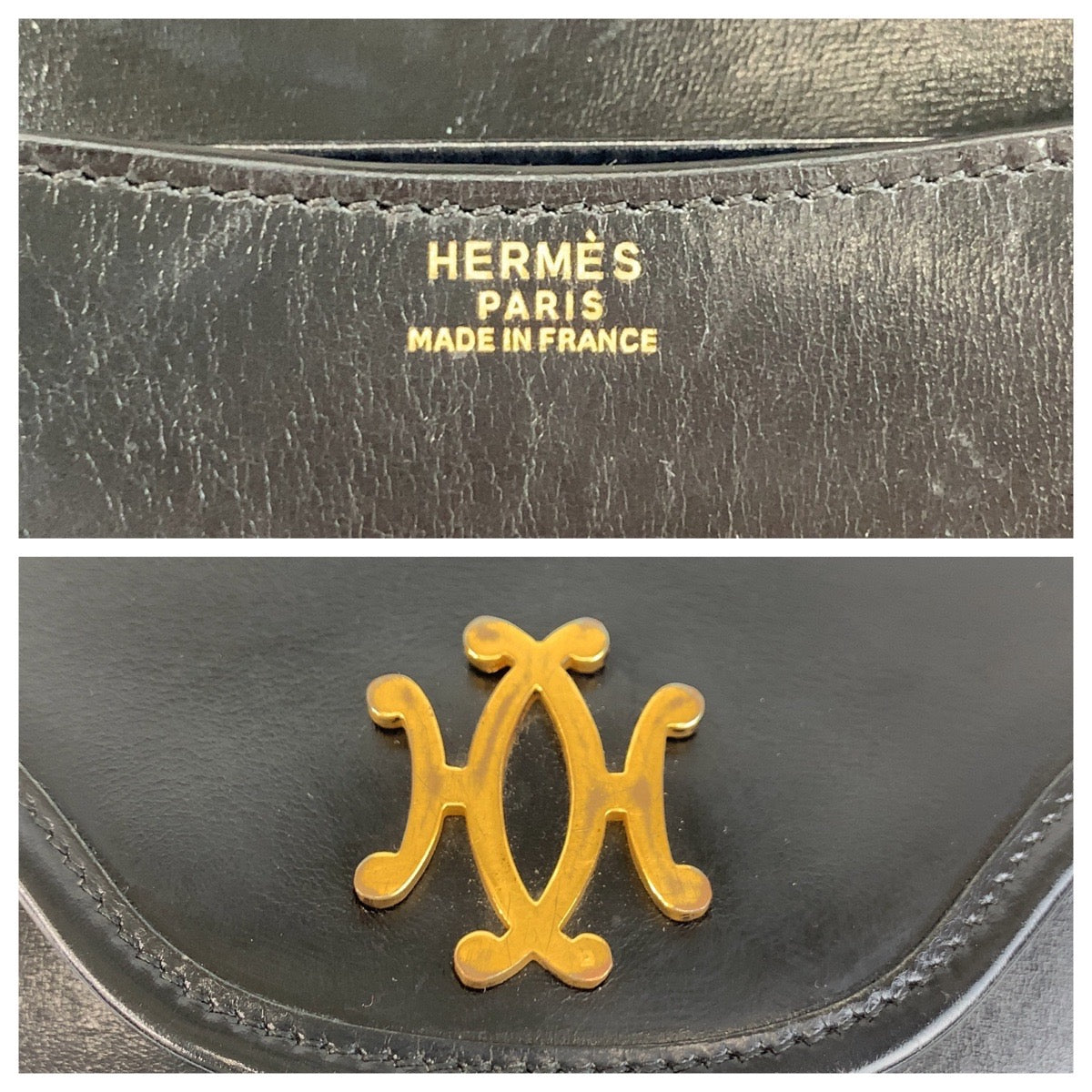 17015
HERMES エルメス ヴィンテージ ブラック 黒 ゴールド金具 レザー ショルダーバッグ ポシェット レディース ABP210