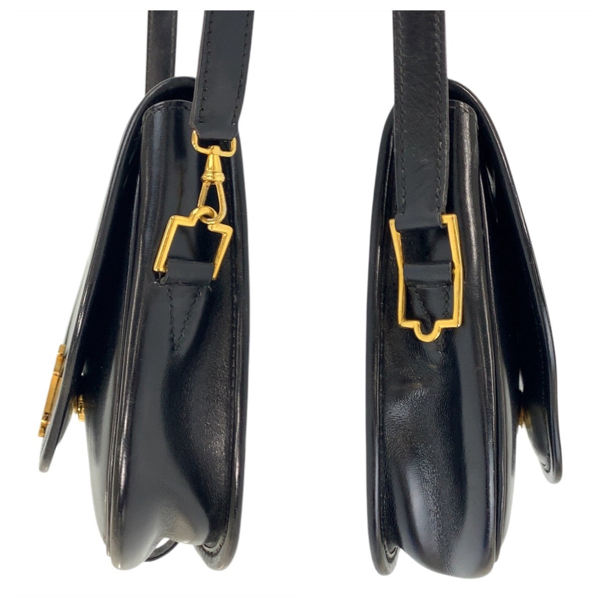 17015
HERMES エルメス ヴィンテージ ブラック 黒 ゴールド金具 レザー ショルダーバッグ ポシェット レディース ABP210