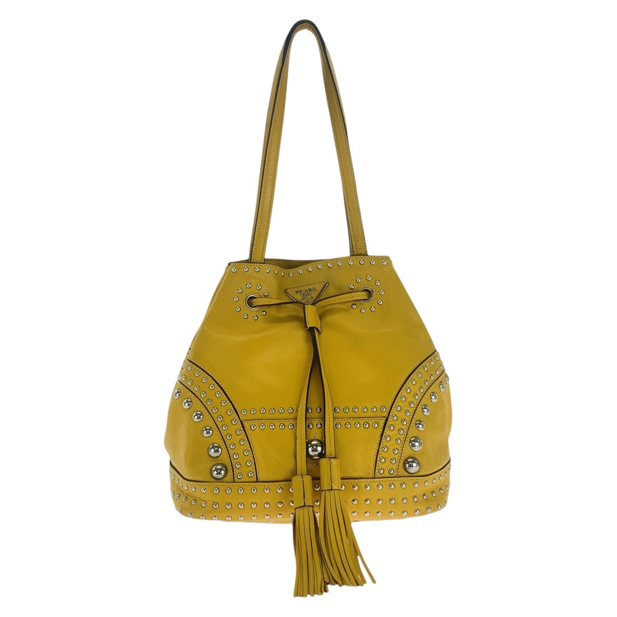17037
PRADA プラダ 三角ロゴプレート イエロー シルバー金具 レザー ショルダーバッグ 巾着 タッセル スタッズ レディース AB78
