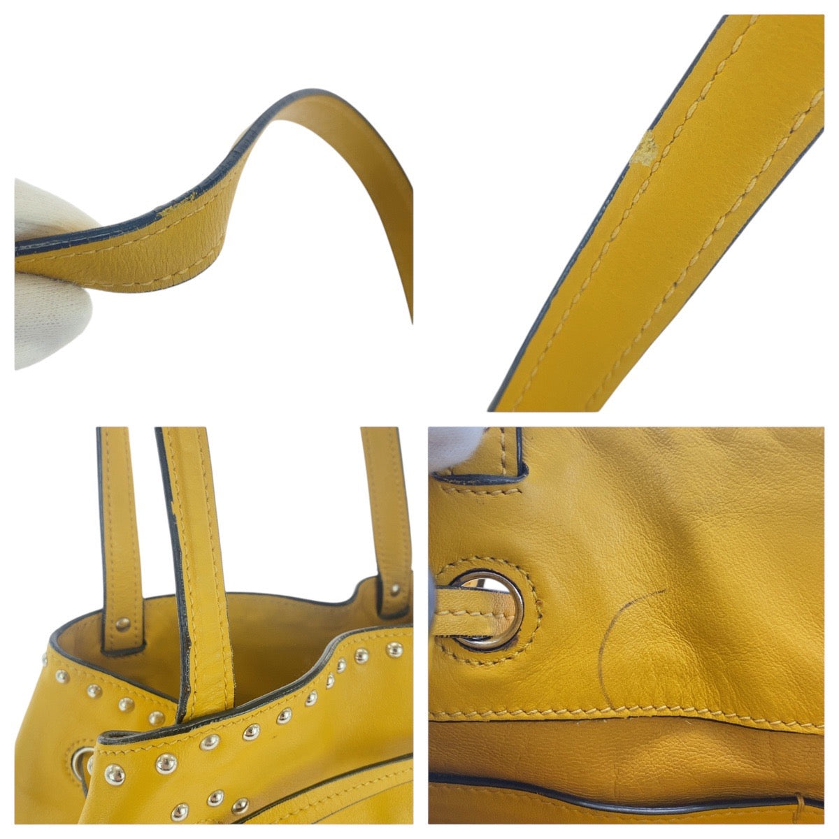 17037
PRADA プラダ 三角ロゴプレート イエロー シルバー金具 レザー ショルダーバッグ 巾着 タッセル スタッズ  レディース AB78