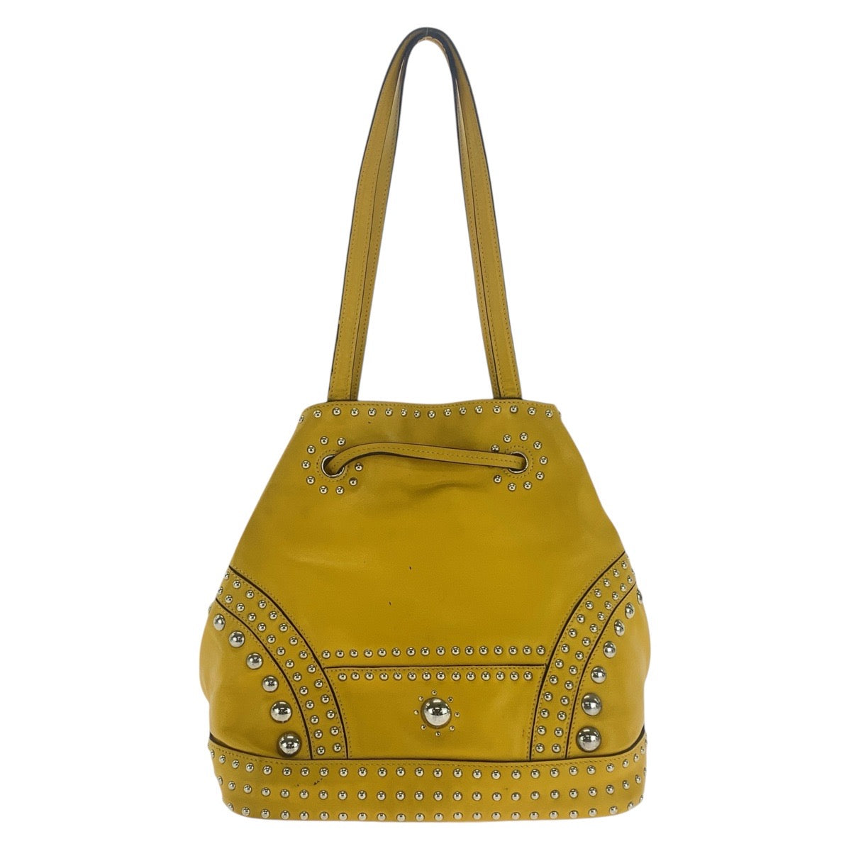 17037
PRADA プラダ 三角ロゴプレート イエロー シルバー金具 レザー ショルダーバッグ 巾着 タッセル スタッズ レディース AB78