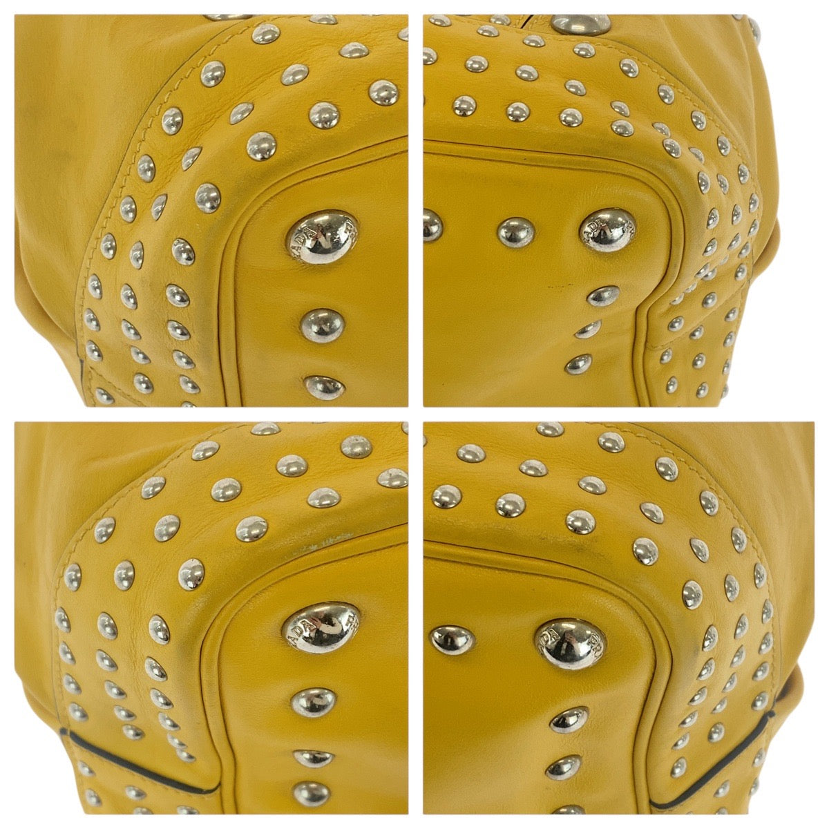 17037
PRADA プラダ 三角ロゴプレート イエロー シルバー金具 レザー ショルダーバッグ 巾着 タッセル スタッズ  レディース AB78