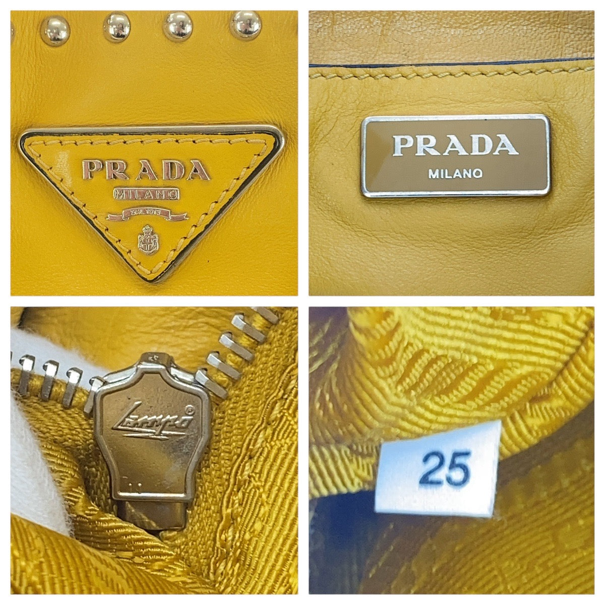 17037
PRADA プラダ 三角ロゴプレート イエロー シルバー金具 レザー ショルダーバッグ 巾着 タッセル スタッズ レディース AB78