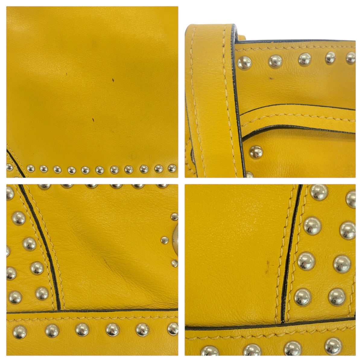 17037
PRADA プラダ 三角ロゴプレート イエロー シルバー金具 レザー ショルダーバッグ 巾着 タッセル スタッズ レディース AB78