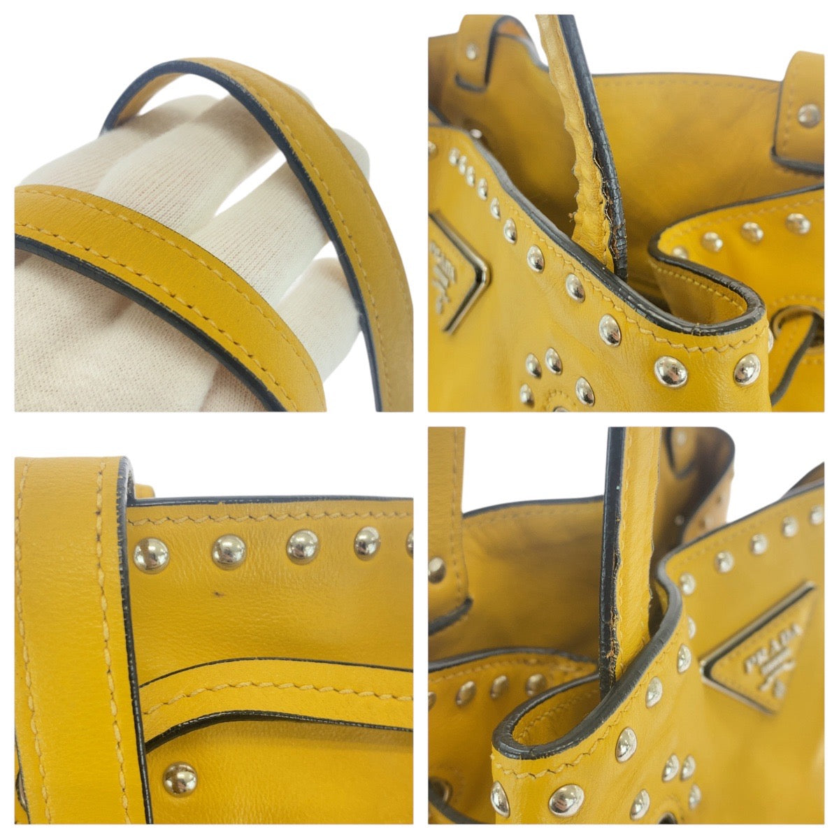 17037
PRADA プラダ 三角ロゴプレート イエロー シルバー金具 レザー ショルダーバッグ 巾着 タッセル スタッズ  レディース AB78