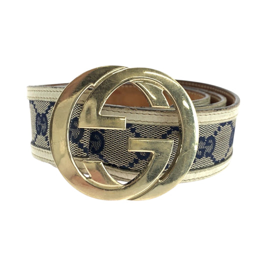 17039
GUCCI グッチ インターロッキング 84cm/34inc ベージュ ネイビー アイボリー ゴールド金具 GGキャンバス 114876 ベルト バックル  メンズ