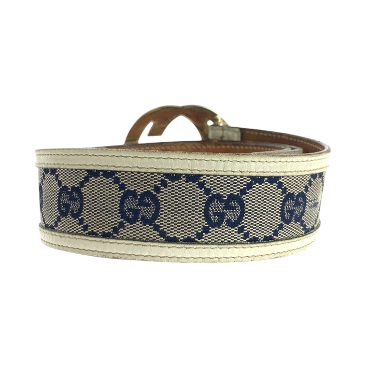 17039
GUCCI グッチ インターロッキング 84cm/34inc ベージュ ネイビー アイボリー ゴールド金具 GGキャンバス 114876 ベルト バックル  メンズ