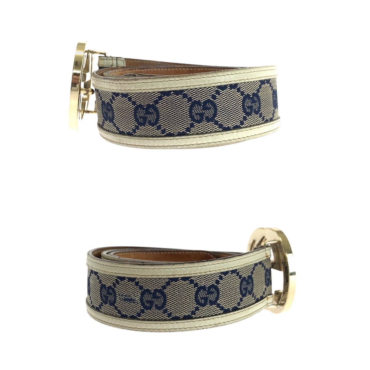 17039
GUCCI グッチ インターロッキング 84cm/34inc ベージュ ネイビー アイボリー ゴールド金具 GGキャンバス 114876 ベルト バックル  メンズ