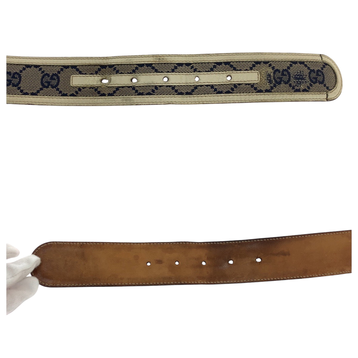 17039
GUCCI グッチ インターロッキング 84cm/34inc ベージュ ネイビー アイボリー ゴールド金具 GGキャンバス 114876 ベルト バックル  メンズ