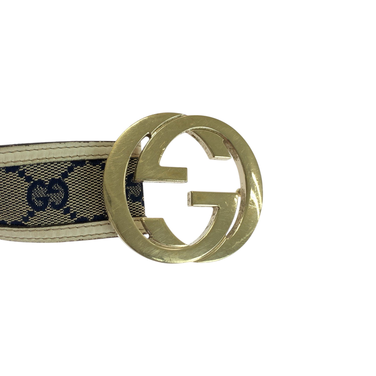 17039
GUCCI グッチ インターロッキング 84cm/34inc ベージュ ネイビー アイボリー ゴールド金具 GGキャンバス 114876 ベルト バックル  メンズ