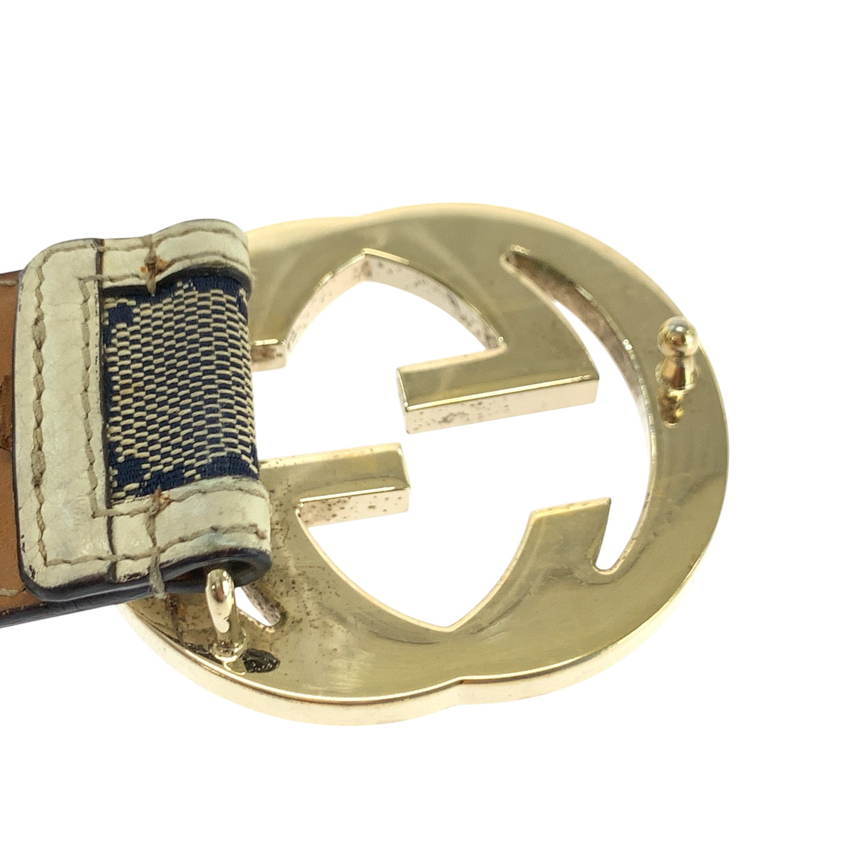 17039
GUCCI グッチ インターロッキング 84cm/34inc ベージュ ネイビー アイボリー ゴールド金具 GGキャンバス 114876 ベルト バックル  メンズ