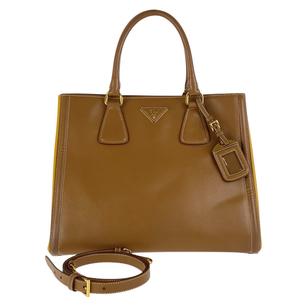 17047
PRADA プラダ サフィアーノ 三角ロゴプレート バイカラー ブラウン イエロー ゴールド金具 レザー トートバッグ ショルダーバッグ 2WAY レディース AB78