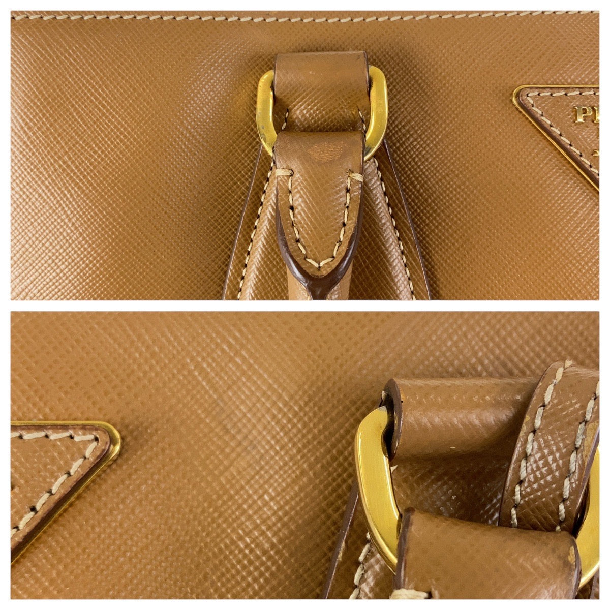 17047
PRADA プラダ サフィアーノ 三角ロゴプレート バイカラー ブラウン イエロー ゴールド金具 レザー トートバッグ ショルダーバッグ 2WAY  レディース AB78