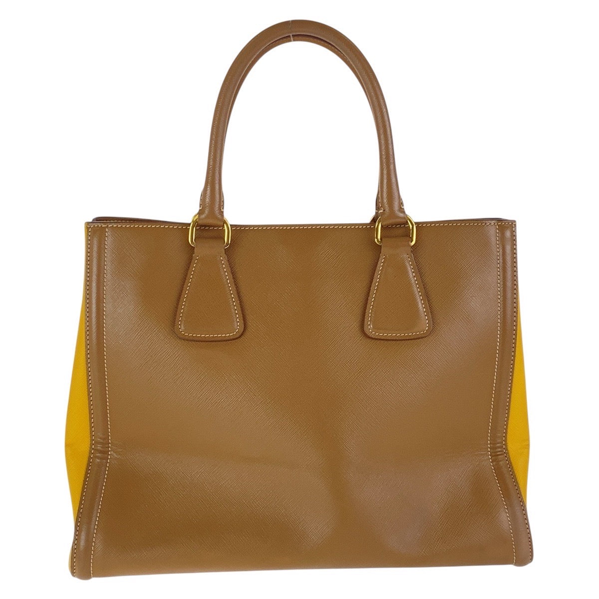 17047
PRADA プラダ サフィアーノ 三角ロゴプレート バイカラー ブラウン イエロー ゴールド金具 レザー トートバッグ ショルダーバッグ 2WAY  レディース AB78