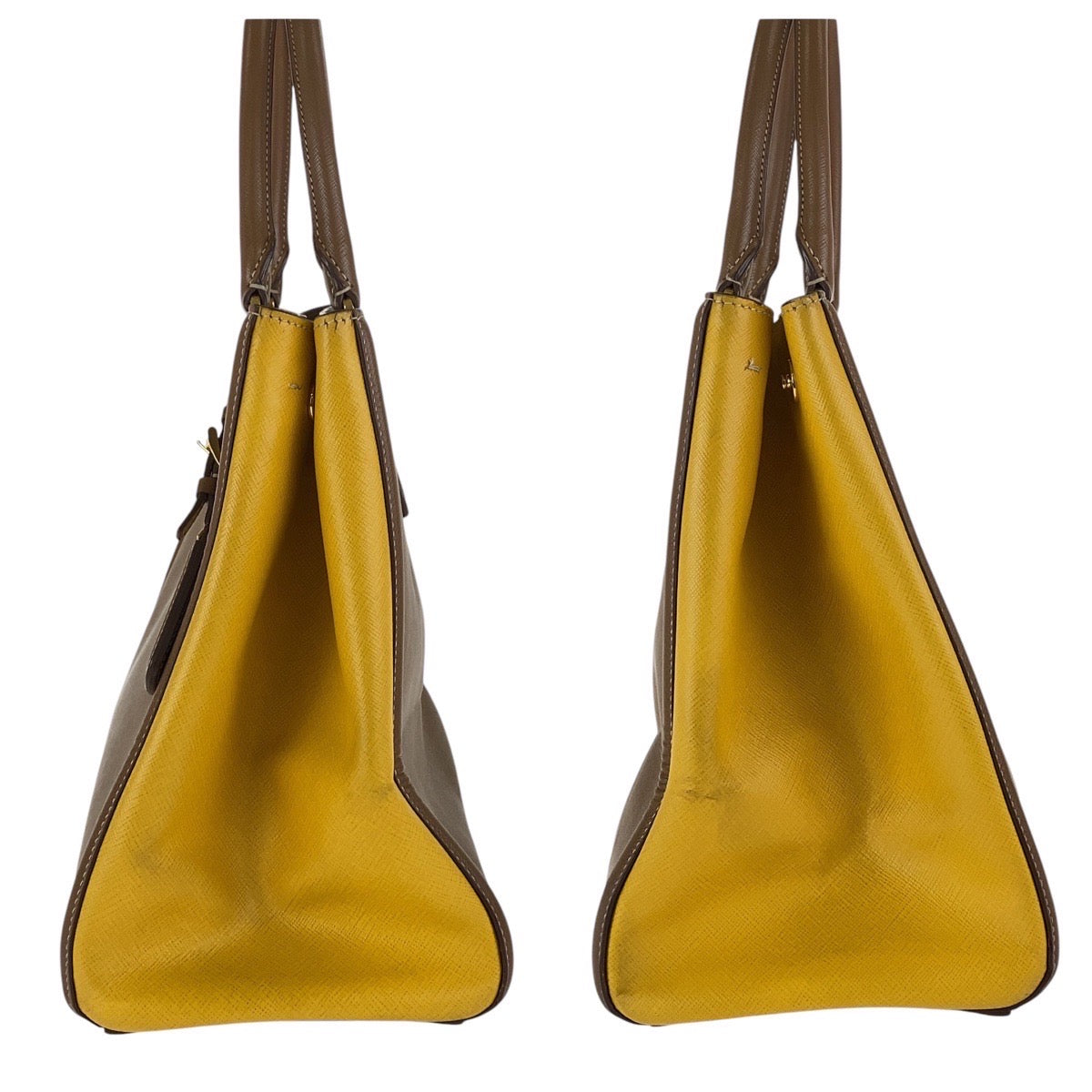 17047
PRADA プラダ サフィアーノ 三角ロゴプレート バイカラー ブラウン イエロー ゴールド金具 レザー トートバッグ ショルダーバッグ 2WAY  レディース AB78