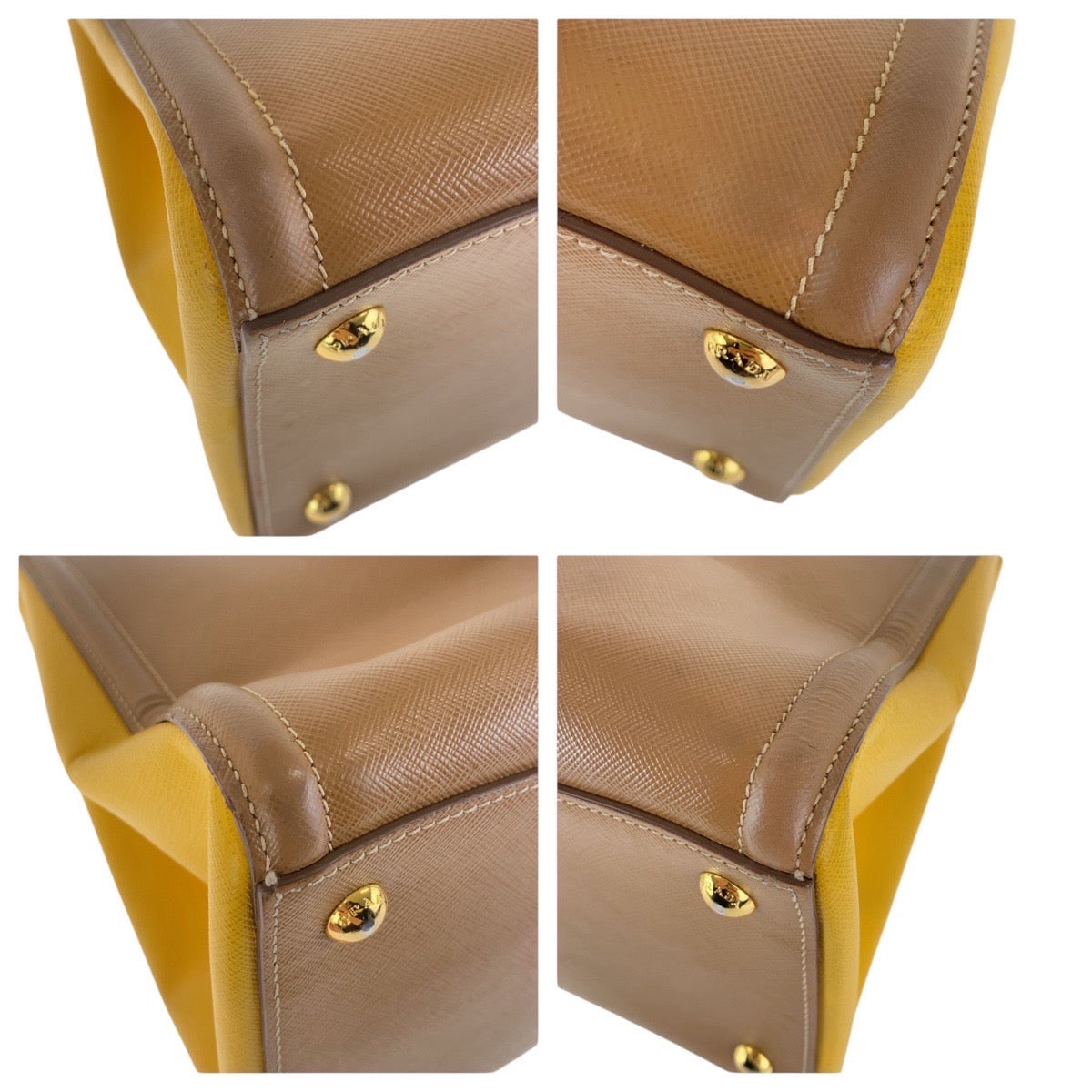 17047
PRADA プラダ サフィアーノ 三角ロゴプレート バイカラー ブラウン イエロー ゴールド金具 レザー トートバッグ ショルダーバッグ 2WAY  レディース AB78