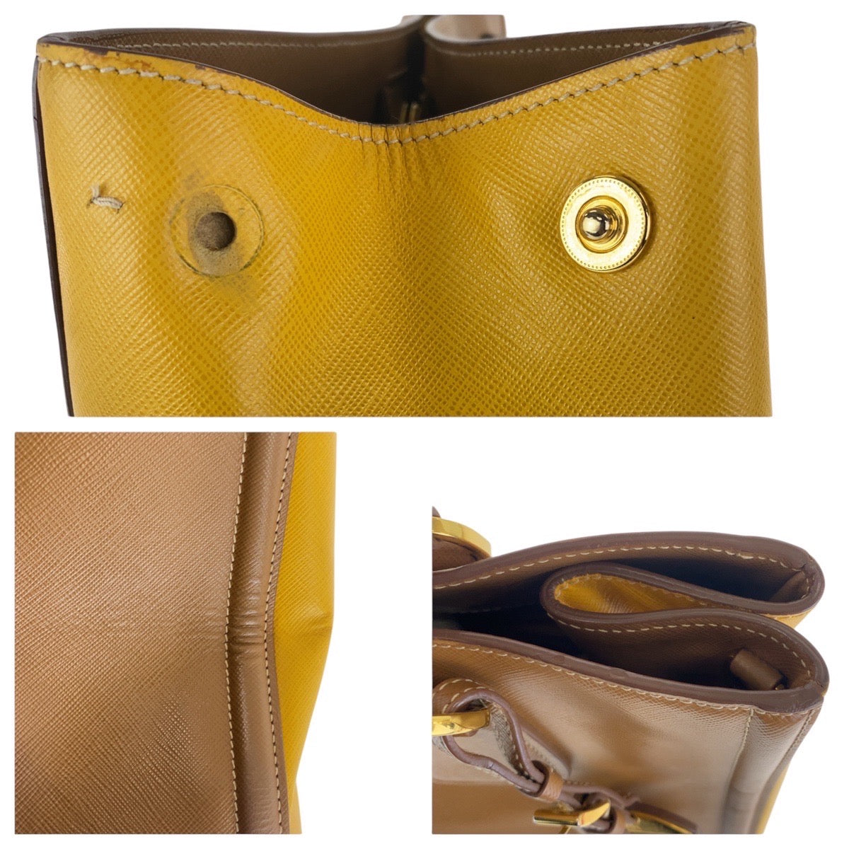 17047
PRADA プラダ サフィアーノ 三角ロゴプレート バイカラー ブラウン イエロー ゴールド金具 レザー トートバッグ ショルダーバッグ 2WAY  レディース AB78