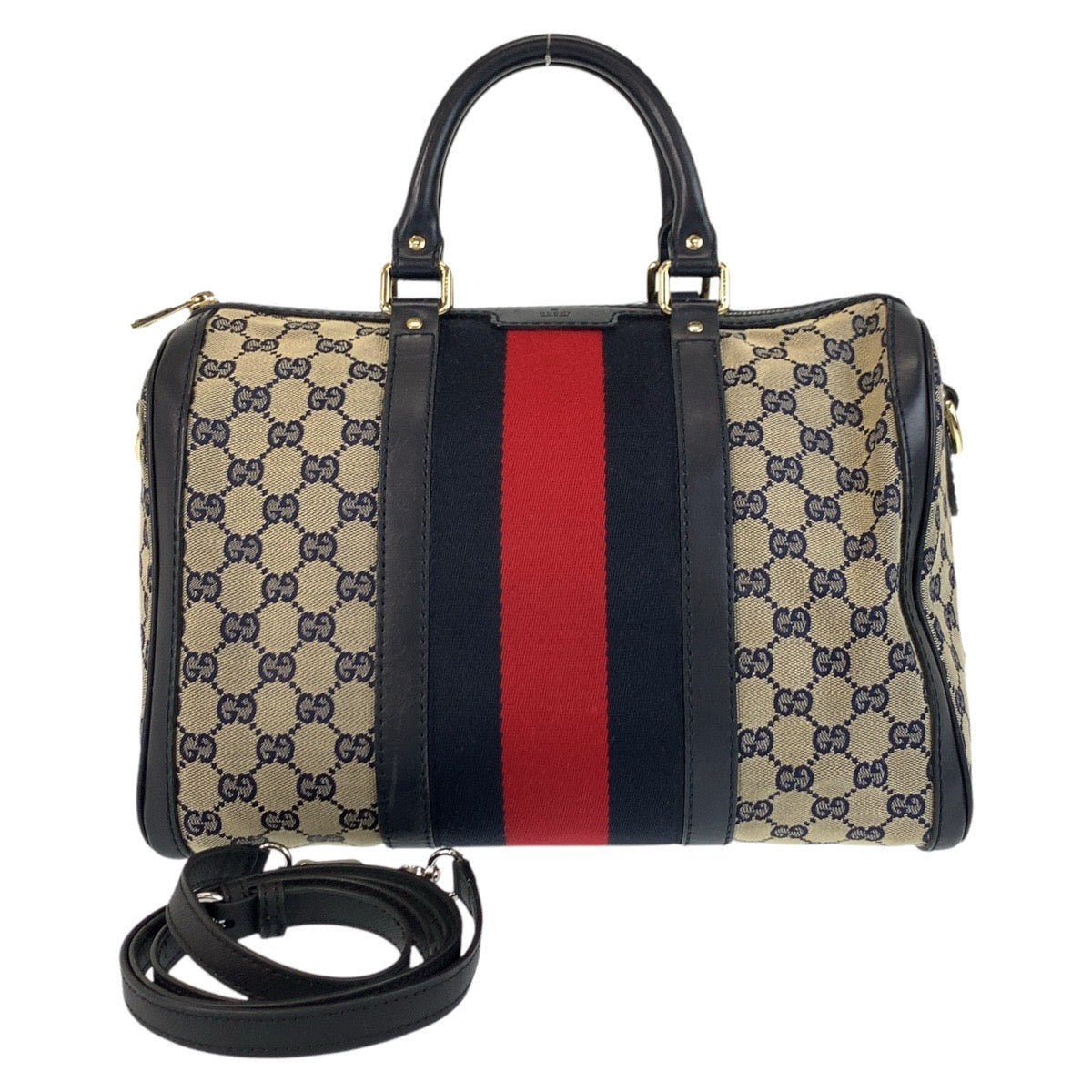 17050
GUCCI グッチ シェリーライン グレー ネイビー ゴールド金具 GGキャンバス / レザー 247205 ハンドバッグ ボストンバッグ ショルダーバッグ 2way レディース AB73