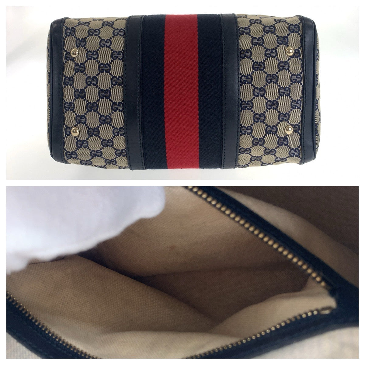 17050
GUCCI グッチ シェリーライン グレー ネイビー ゴールド金具 GGキャンバス / レザー 247205 ハンドバッグ ミニボストンバッグ レディース AB73