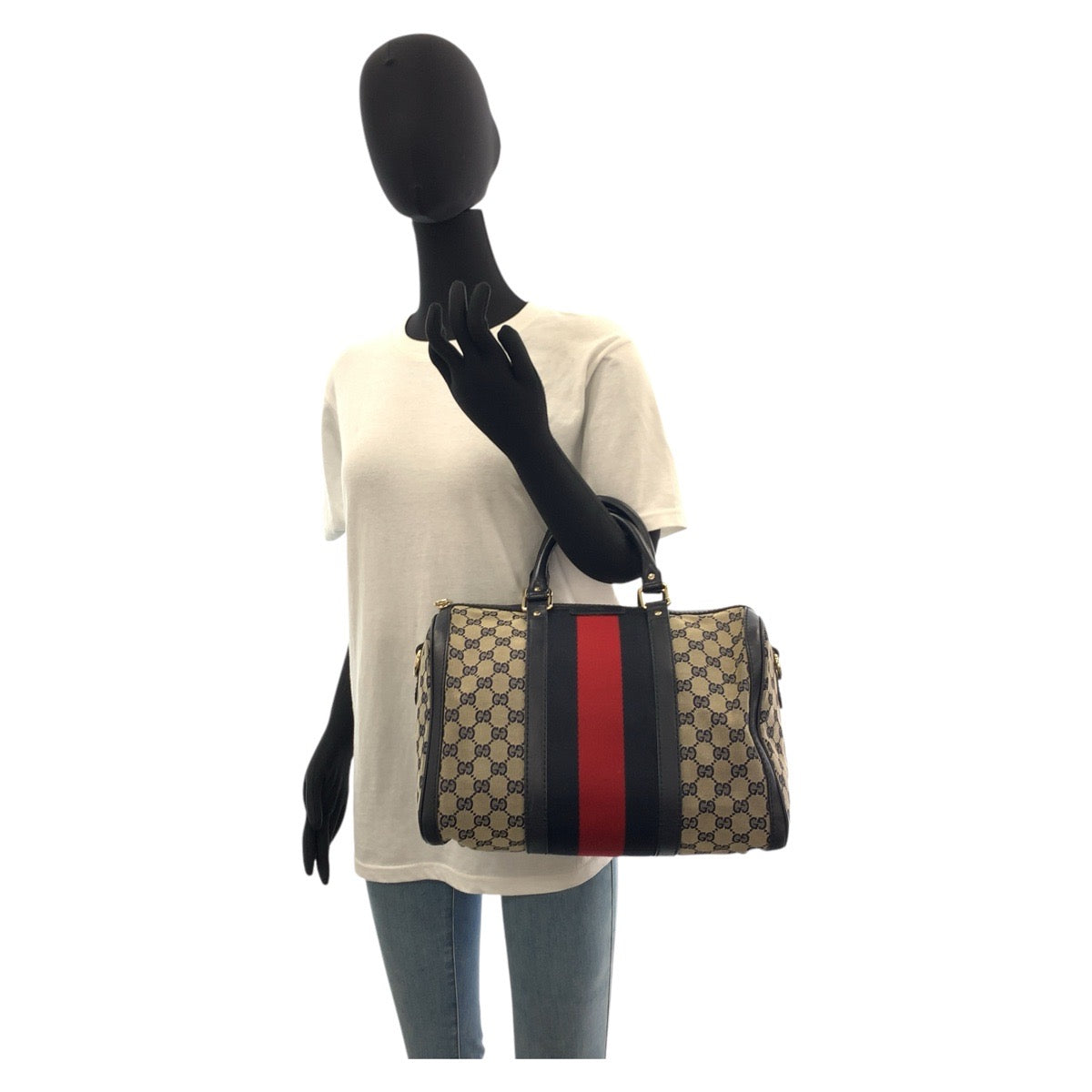 17050
GUCCI グッチ シェリーライン グレー ネイビー ゴールド金具 GGキャンバス / レザー 247205 ハンドバッグ ボストンバッグ ショルダーバッグ 2way レディース AB73