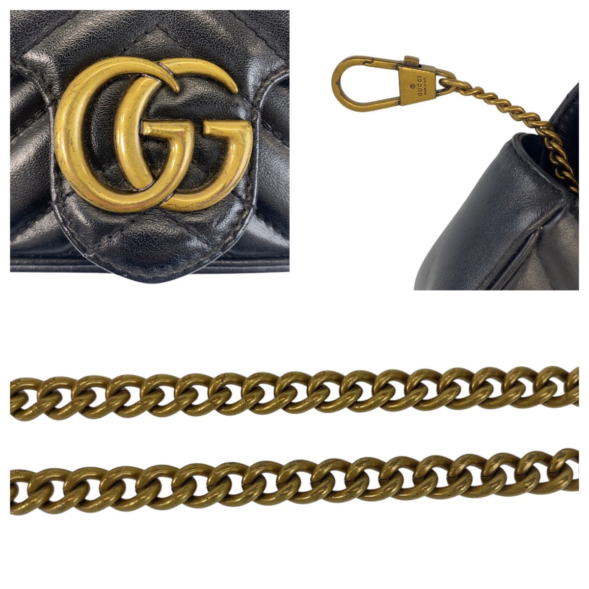 17052
GUCCI グッチ GGマーモント ブラック 黒 ゴールド金具 レザー 476433 チェーン ショルダーバッグ ポシェット  レディース