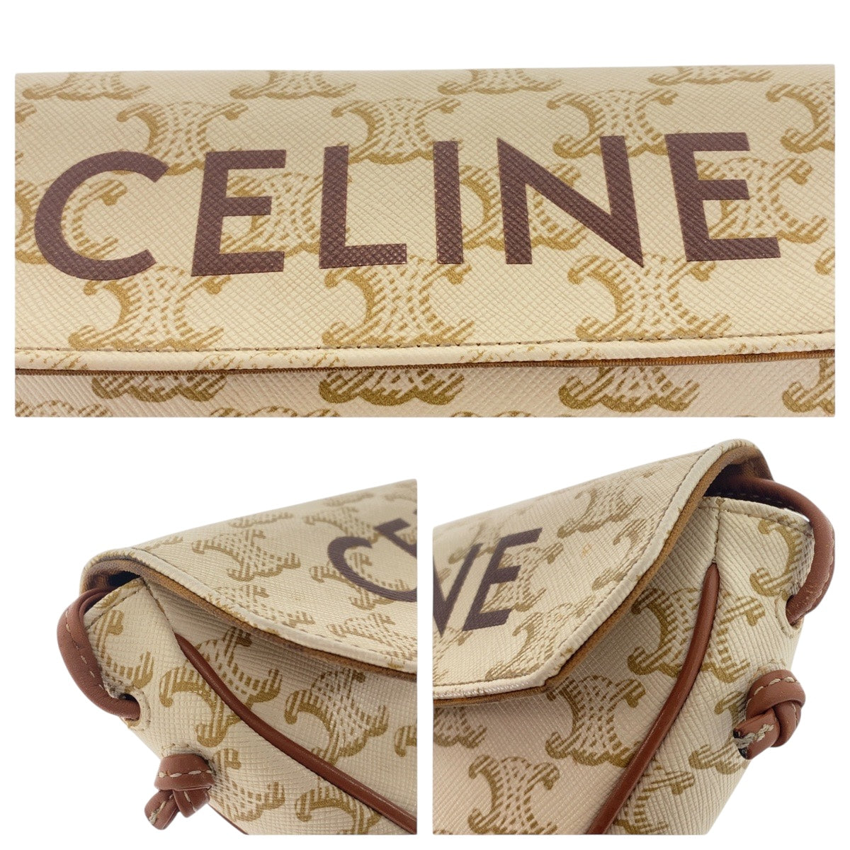 17054
CELINE セリーヌ トリオンフ トライアングル ベージュ ブラウン PVC 斜め掛け ショルダーバッグ ポシェット レディース ABP78