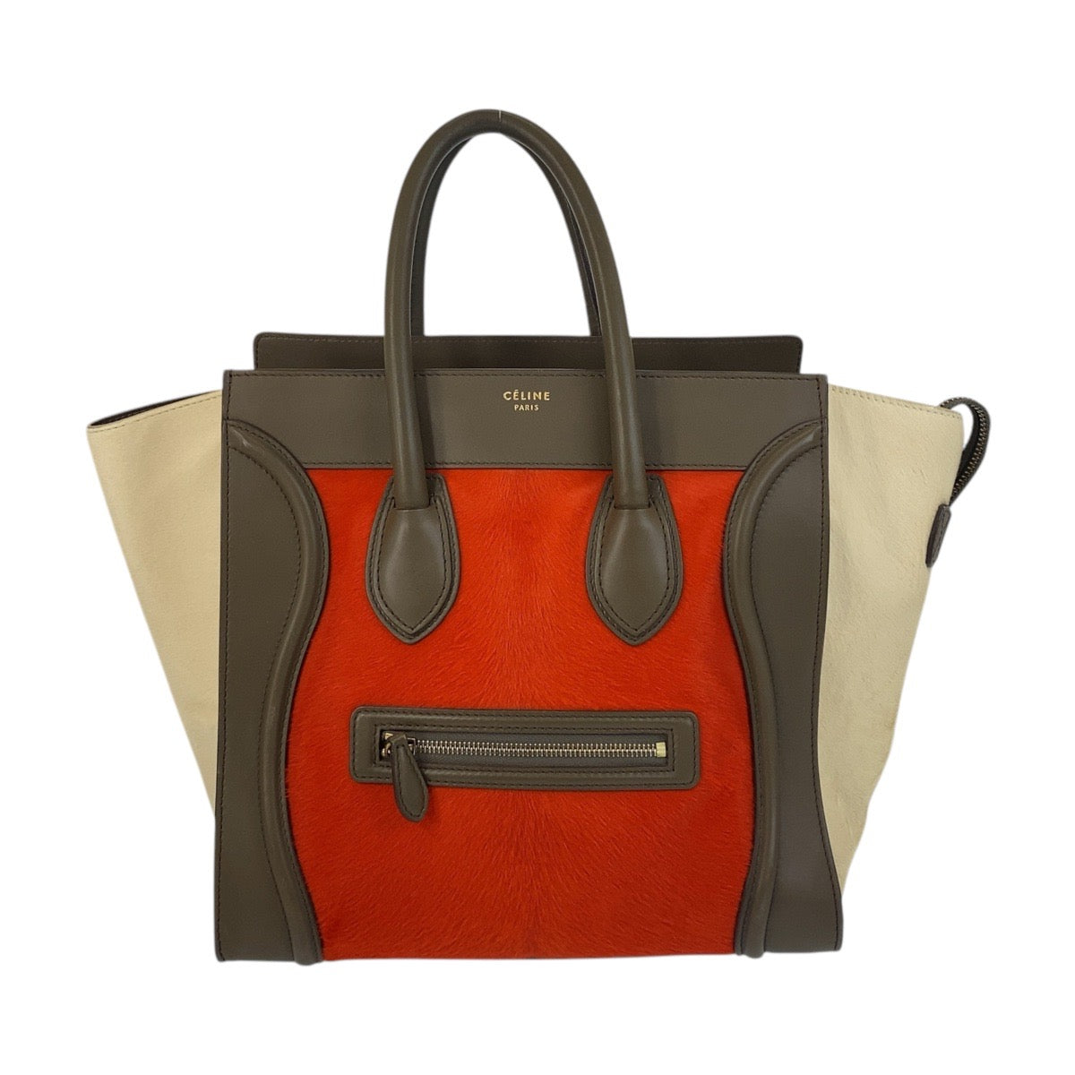 17061
CELINE セリーヌ ラゲージミニ オレンジ カーキ ベージュ ゴールド金具 ハラコ / レザー W GA-0172 ハンドバッグ トートバッグ レディース AB50