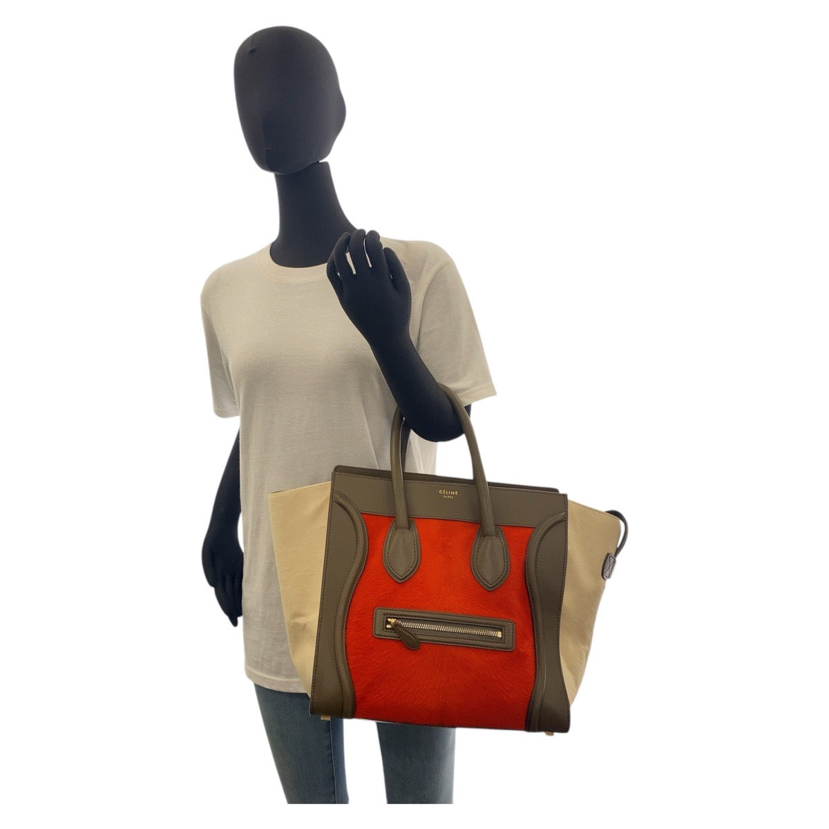 17061
CELINE セリーヌ ラゲージミニ オレンジ カーキ ベージュ ゴールド金具 ハラコ / レザー W GA-0172 ハンドバッグ トートバッグ レディース AB50