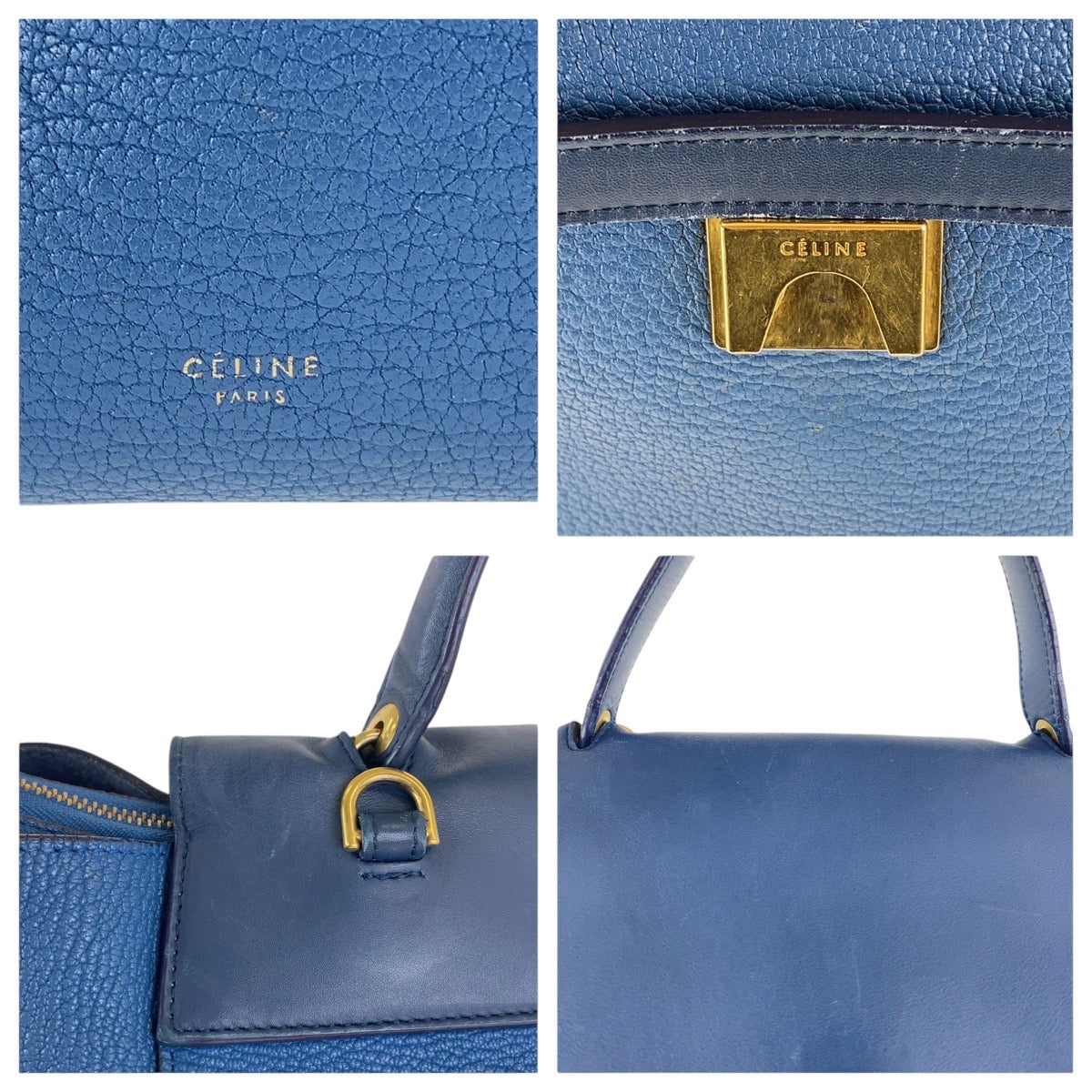 17062
CELINE セリーヌ ベルトバッグ バイカラー ブラー ネイビー ゴールド金具 レザー ハンドバッグ ショルダーバッグ 2WAY レディース AB69