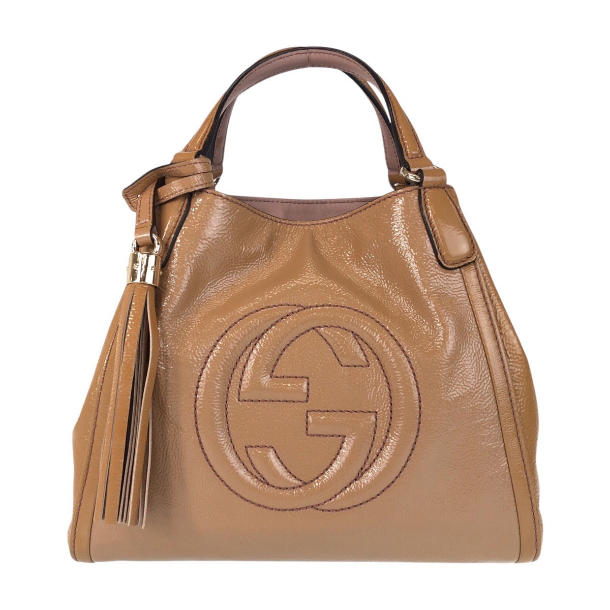 17076
GUCCI グッチ ソーホー ブラウン キャメル ゴールド金具 パテントレザー 336751 ハンドバッグ トートバッグ  レディース