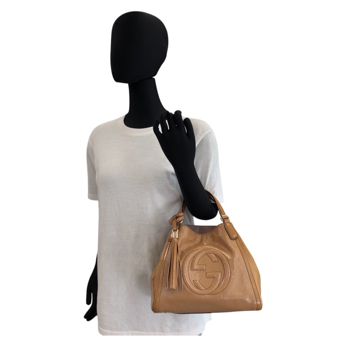 17076
GUCCI グッチ ソーホー ブラウン キャメル ゴールド金具 パテントレザー 336751 ハンドバッグ トートバッグ  レディース