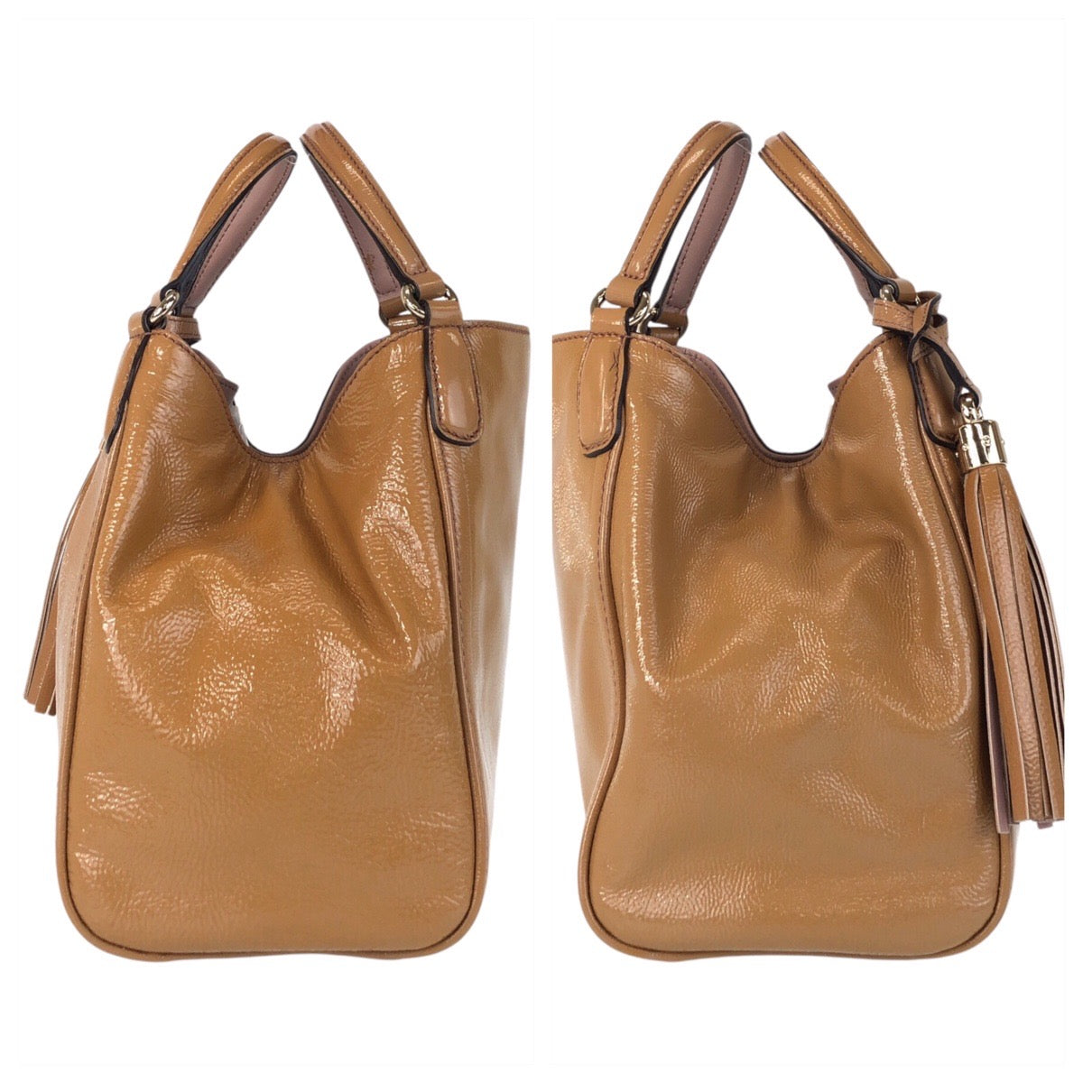 17076
GUCCI グッチ ソーホー ブラウン キャメル ゴールド金具 パテントレザー 336751 ハンドバッグ トートバッグ  レディース